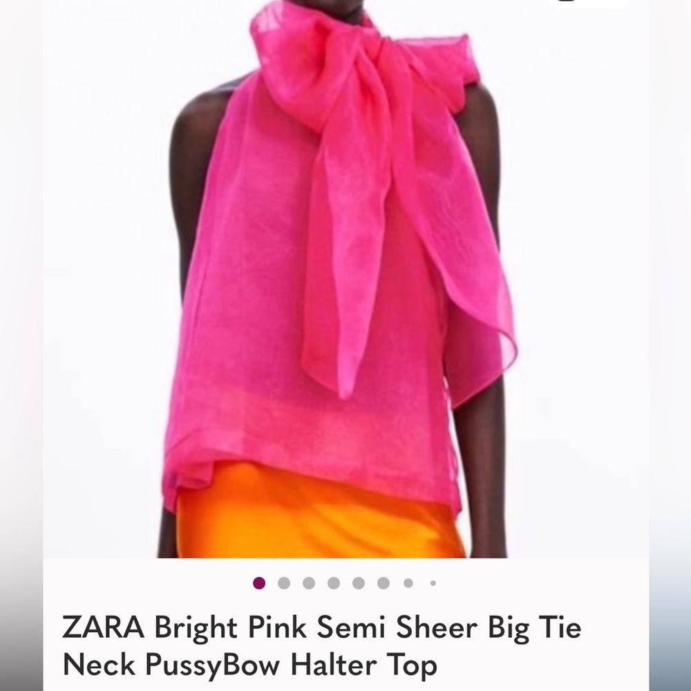 ZARA Bright Pink Semi Sheer Big Tie Neck PussyBow Halter Top size Large